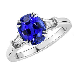 Drie stenen ovale blauwe saffier ring met stokbrood diamant 3,25 karaat