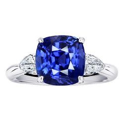 Drie stenen peer diamant & kussen blauwe saffier ring 3,50 karaat