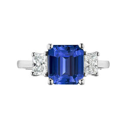 Drie stenen prinses diamant & smaragd blauwe saffier ring 2,50 karaat