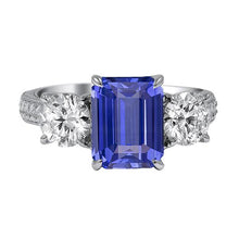 Afbeelding in Gallery-weergave laden, Drie stenen ring antieke stijl Emerald Ceylon saffier 3 karaat - harrychadent.nl
