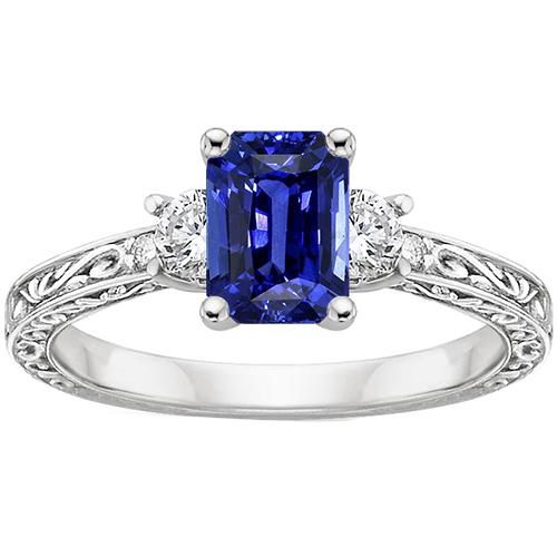 Drie stenen ring antieke stijl blauwe saffier en diamanten 4,50 karaat - harrychadent.nl