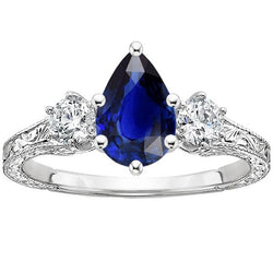 Drie stenen ring antieke stijl peer blauwe saffier en diamanten 5 karaat