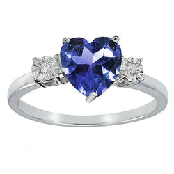 Drie stenen ring hartvorm blauwe saffier ronde & diamanten 8 karaat
