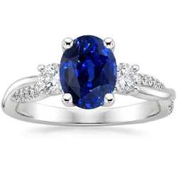 Drie stenen ring ovale blauwe saffier & ronde diamanten accenten 4 karaat
