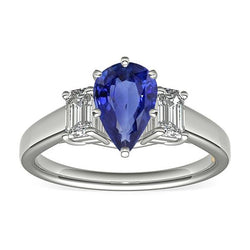 Drie stenen ring peer SriLanka saffier 2 karaat & smaragd diamanten