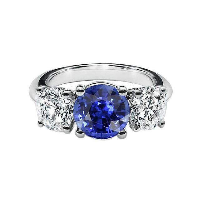 Drie stenen ronde blauwe saffier en diamanten ring 2,50 karaat goud 14K - harrychadent.nl