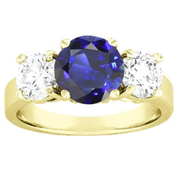 Drie stenen ronde blauwe saffier en diamanten ring 5 karaat sieraden