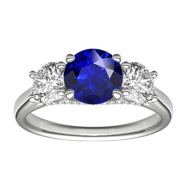 Drie stenen ronde blauwe saffier ring & ronde diamanten 2,50 karaat - harrychadent.nl