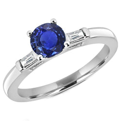 Drie stenen stokbrood diamanten & ronde blauwe saffier ring 2,25 karaat