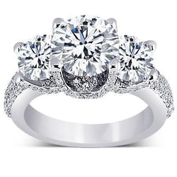 Drie Stenen Verlovingsring Pavé Echte Natuurlijke uit de aarde gewonnen Diamanten 4.75 Karaat Goud Wit 14K