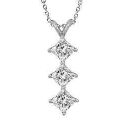 Drie Stenen Prinses Geslepen Echt Diamanten Hanger Ketting 3,0 Karaat WG 14K