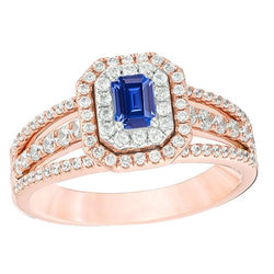 Dubbele Halo Blauwe Saffier Edelsteen Trouwring 3 Karaat Rose Goud 14K