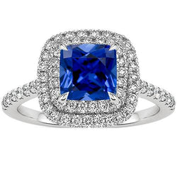 Dubbele Halo Diamanten Ring Kussen Ceylon Sapphire Accenten 3,25 Karaat