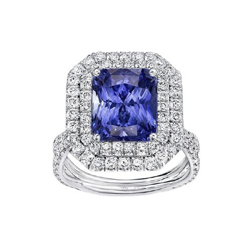 Dubbele Halo Diamond Gold Sapphire Verlovingsring Split Shank 4 karaat - harrychadent.nl