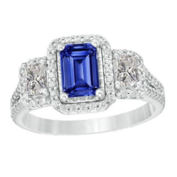 Dubbele Halo Emerald Geslepen Ring Ceylon Sapphire 4.50 Karaat Gespleten Schacht