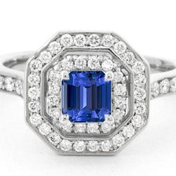 Dubbele Halo Emerald Sapphire Ring 2,50 karaat ronde diamanten Prong Set