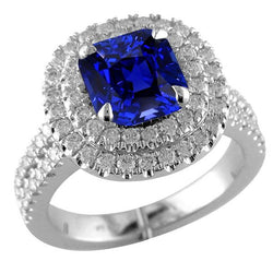 Dubbele Halo Kussen Blauwe Saffier Ring Pave Split Shank 4,50 Karaat