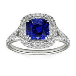 Dubbele Halo Kussen Saffier Ring Pave Split Shank Diamanten 4 Karaat