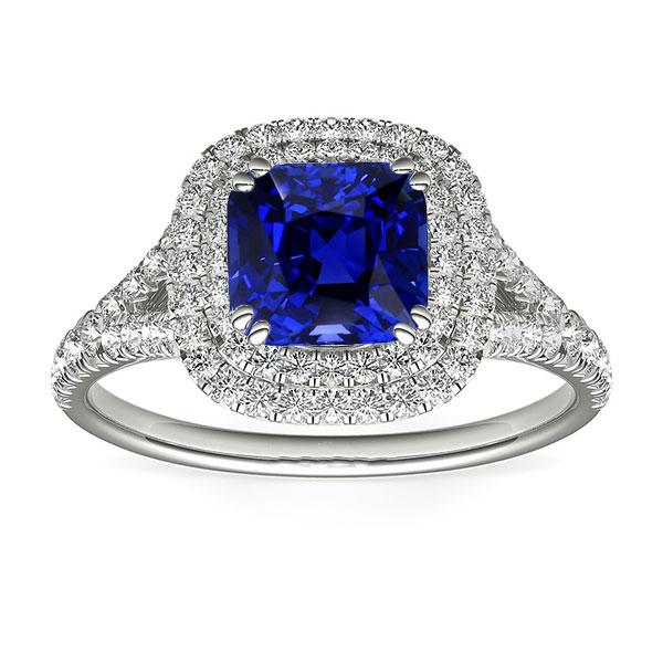 Dubbele Halo Kussen Saffier Ring Pave Split Shank Diamanten 4 Karaat - harrychadent.nl