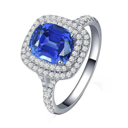 Dubbele Halo Ring Ovaal Ceylon Saffier 4 Karaats Diamant Split Shank