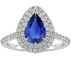 Dubbele Halo Ring Peer Geslepen Ceylon Saffier & Diamanten 4,50 Karaat