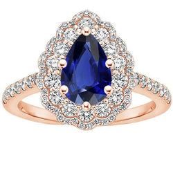 Dubbele Halo Ring Rose Gold Flower Style Peer Ceylon Sapphire 4 Karaat