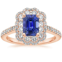 Dubbele Halo Ring Smaragd Sri Lankaanse Saffier & Diamant 5 Karaat