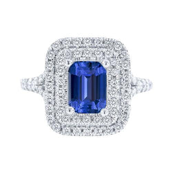 Dubbele Halo Ring Smaragd Vormige Natuurlijke Blauwe Saffier 4 Karaat