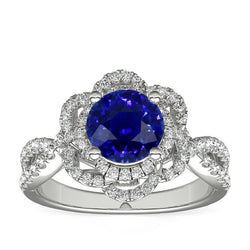 Dubbele Halo Ronde Blauwe Saffier Ring Bloem Stijl 5 Karaats Split Shank