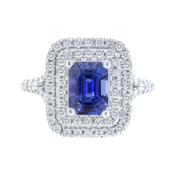Dubbele Halo Trouwring Smaragd Blauwe Saffier & Diamanten 4 Karaat