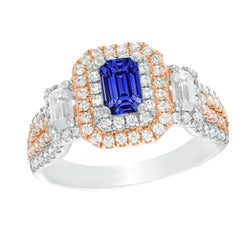 Dubbele Halo Tweekleurige Blauwe Saffier Ring Smaragd & Diamanten 4 Karaat