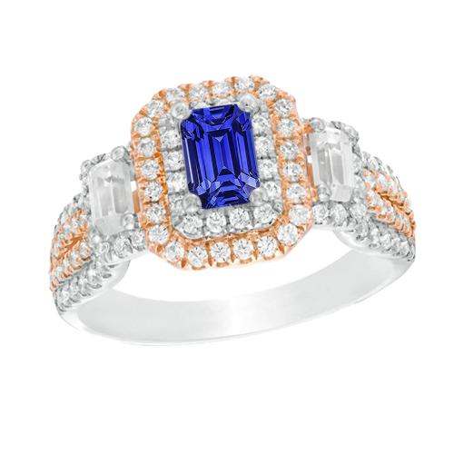 Dubbele Halo Tweekleurige Blauwe Saffier Ring Smaragd & Diamanten 4 Karaat - harrychadent.nl