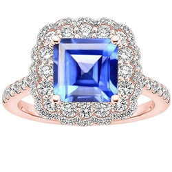 Dubbele Halo diamanten verlovingsring 5 karaat Asscher Ceylon saffier