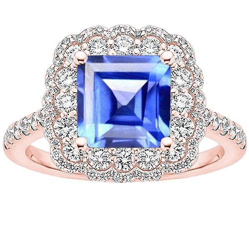 Dubbele Halo diamanten verlovingsring 5 karaat Asscher Ceylon saffier - harrychadent.nl