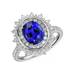 Dubbele Halo ovale blauwe saffier ring bezel set 4 karaat ster stijl