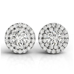 Dubbele Halo Ronde Echt Diamanten Dame Oorknopjes 2.10 Karaat Goud 14K