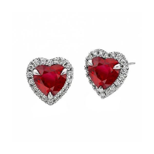 Eagle Claw Prongs Heart Cut Red Ruby & Diamond Studs Gold Oorbellen