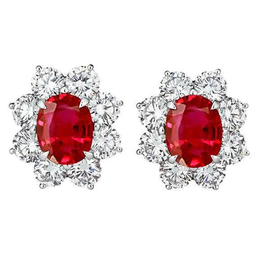 Eagle Claw Prongs Red Ruby & Diamond Studs Halo Earring Witgoud 14K