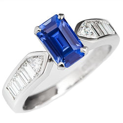 Edelsteen Blauwe Saffier Ring Triljoen & Baguettes Geaccentueerd 3.50 Karaat