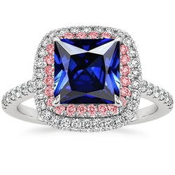 Edelsteen Diamanten Ring Blauwe & Roze Saffier Dubbele Halo 6,50 Karaat Goud