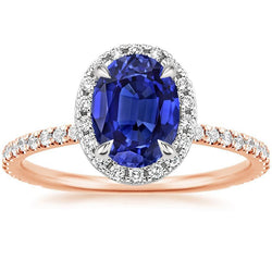 Edelsteen Halo Ring Ovaal SriLanka Saffier 5 Karaat Tweekleurig Goud 14K