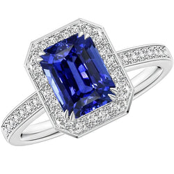 Edelsteen Halo Smaragd Blauwe Saffier Ring Prong Set Diamanten 5 Karaat