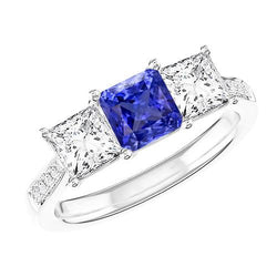 Edelsteen Kussen Saffier Ring Prinses & Ronde Diamanten 3 Karaat