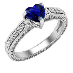 Edelsteen Ring Hart Blauwe Saffier Sieraden Milgrain Schacht 2 Karaat