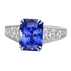 Edelsteen Ring Stralende Saffier Kanaal Set Trapezium Diamanten 5 karaat
