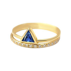 Edelsteen Ring Triljoen Bezel Set Blauwe Saffier 1 Karaat Diamanten Goud