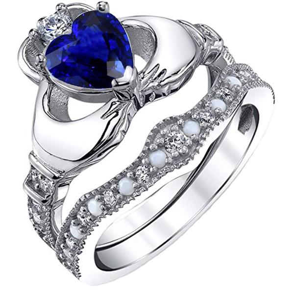 Edelsteen Trouwring Set Hart Blauwe Saffier 3 Karaat Vintage Stijl - harrychadent.nl