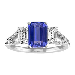 Emerald 3 stenen saffier ring met accenten gespleten schacht 3,50 karaat