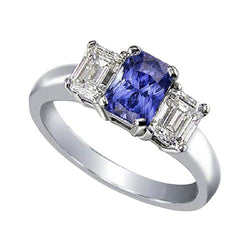 Emerald Diamond 3 stenen ring 2 karaat blauwe saffier stralend geslepen goud