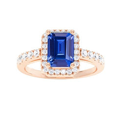 Emerald & Round Diamond Halo Ring Blauwe Saffier 3,50 Karaat Rose Goud